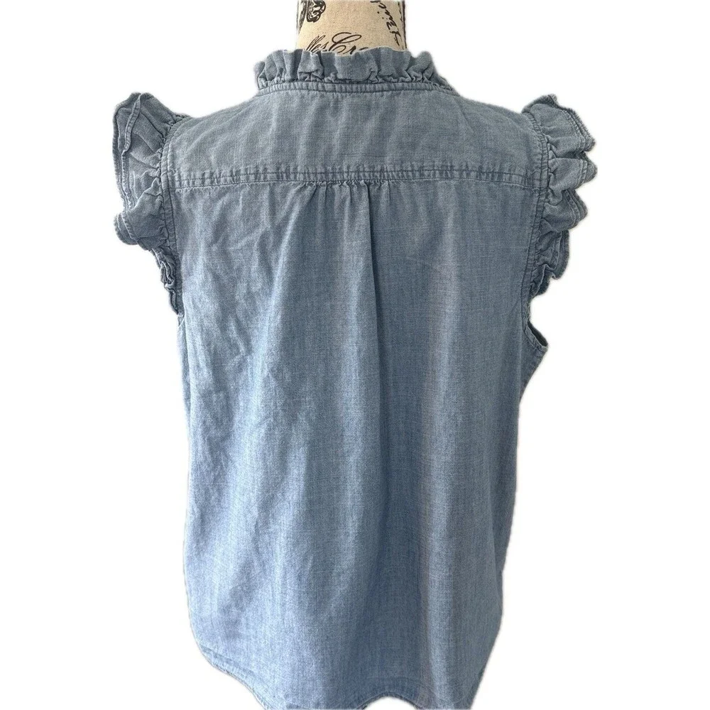 J.Crew Blue Chambray Ruffle Cap Sleeve Button Front Blouse Top Womens L